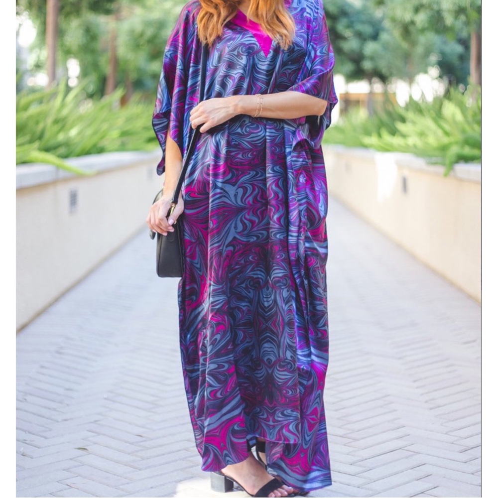CARESS PURPLE BLUE MIX S-4X FULL LOUNGE ROBE COVERUP DRESS CAFTAN KAFTAN - Picture 3 of 4